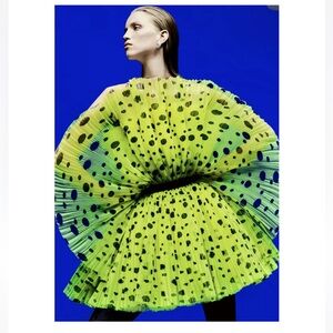 H&M Studio INNOVATION CIRCULAR DESIGN STORY Neon Ruffle Tulle Polka Dot Dress S